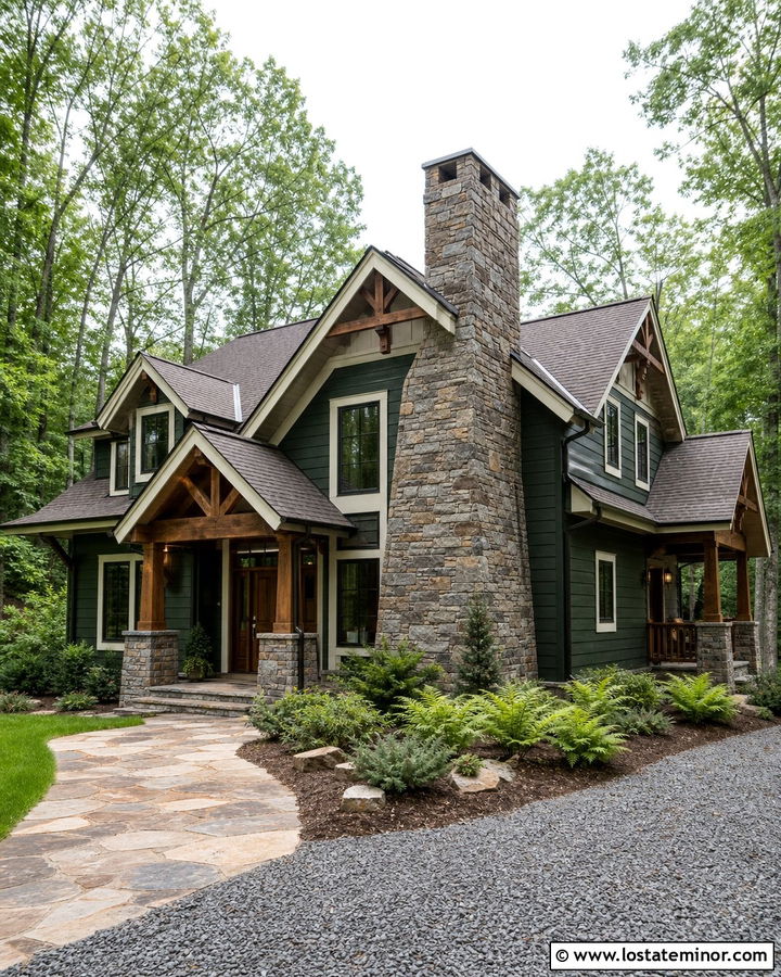 Hunter Green Siding With A Stone Chimney - 30 Hunter Green House Design With Siding Ideas