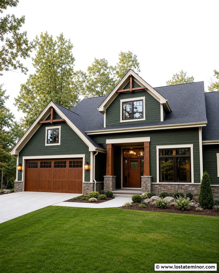 Hunter Green Siding With A Wood Garage Door - 30 Hunter Green House Design With Siding Ideas