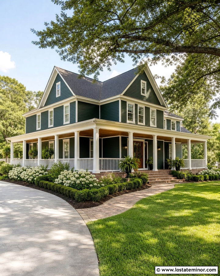 Hunter Green Siding With A Wraparound Porch - 30 Hunter Green House Design With Siding Ideas