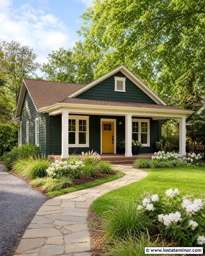 Hunter Green Siding With A Yellow Front Door - 30 Hunter Green House Design With Siding Ideas