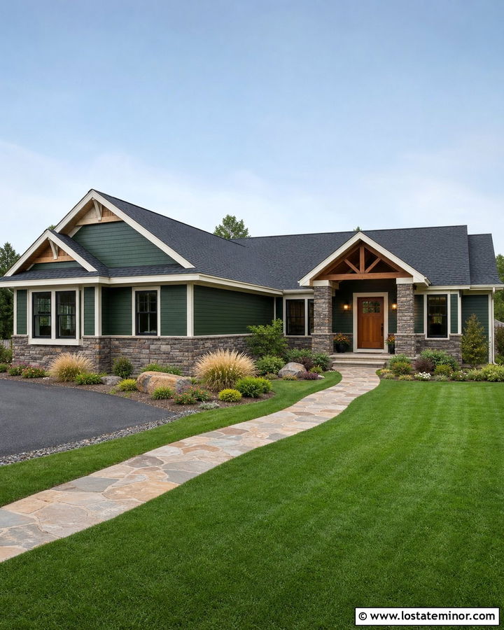 Hunter Green Siding With Gray Stone - 30 Hunter Green House Design With Siding Ideas