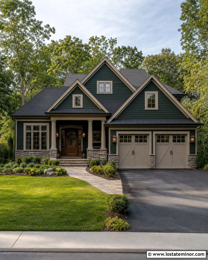 Hunter Green Siding With Greige Trim - 30 Hunter Green House Design With Siding Ideas