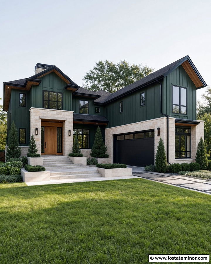 Hunter Green Siding With Limestone Accents - 30 Hunter Green House Design With Siding Ideas