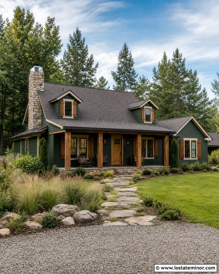Hunter Green Siding With Wood Shutters - 30 Hunter Green House Design With Siding Ideas