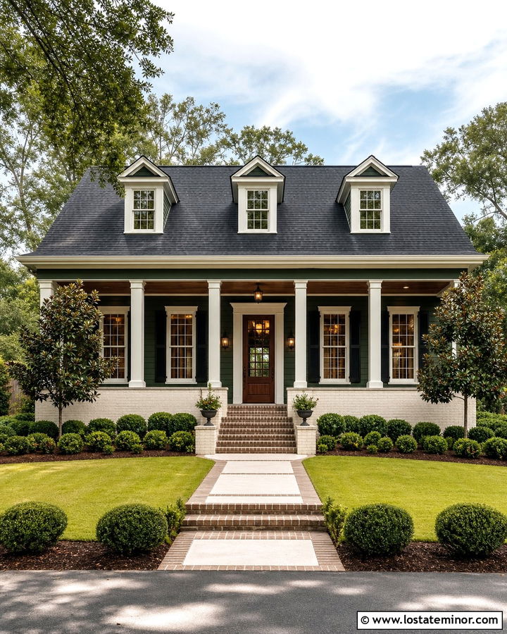 Hunter Green Southern House With Painted Brick Wainscoting - 30 Hunter Green House Design With Wainscoting Ideas