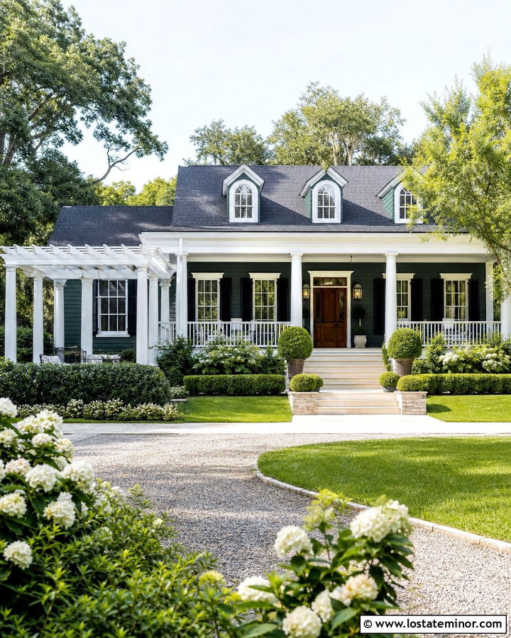 Hunter Green Southern House With White Pergola - 30 Hunter Green House Design With Pergola Ideas