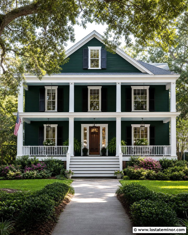 Hunter Green Southern House With White Window Frames And Porch - 30 Hunter Green House Design With Window Frames Ideas