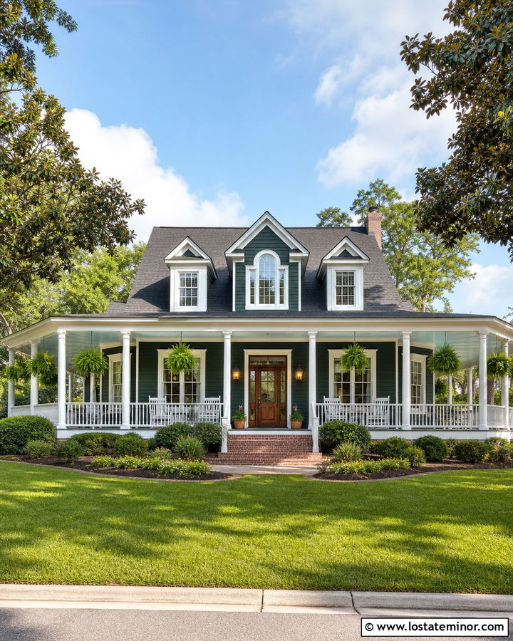 Hunter Green Southern House With Wraparound Columns - 30 Hunter Green House Design With Porch Columns Ideas