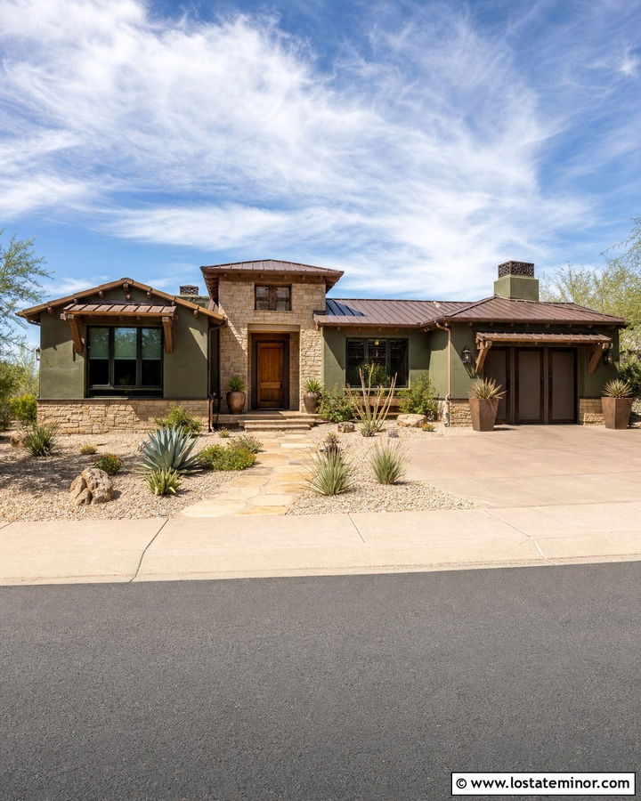 Hunter Green Southwest House With Sandstone - 30 Hunter Green House Design With Stone Accents Ideas