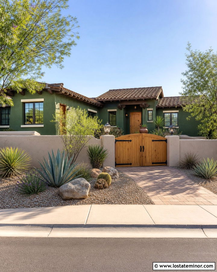 Hunter Green Southwestern House With Stucco Fence - 30 Hunter Green House Design With Fence Ideas