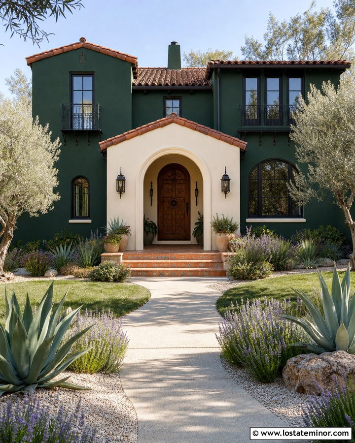 Hunter Green Spanish Revival House With Arched Portico - 30 Hunter Green House Design With Portico Ideas