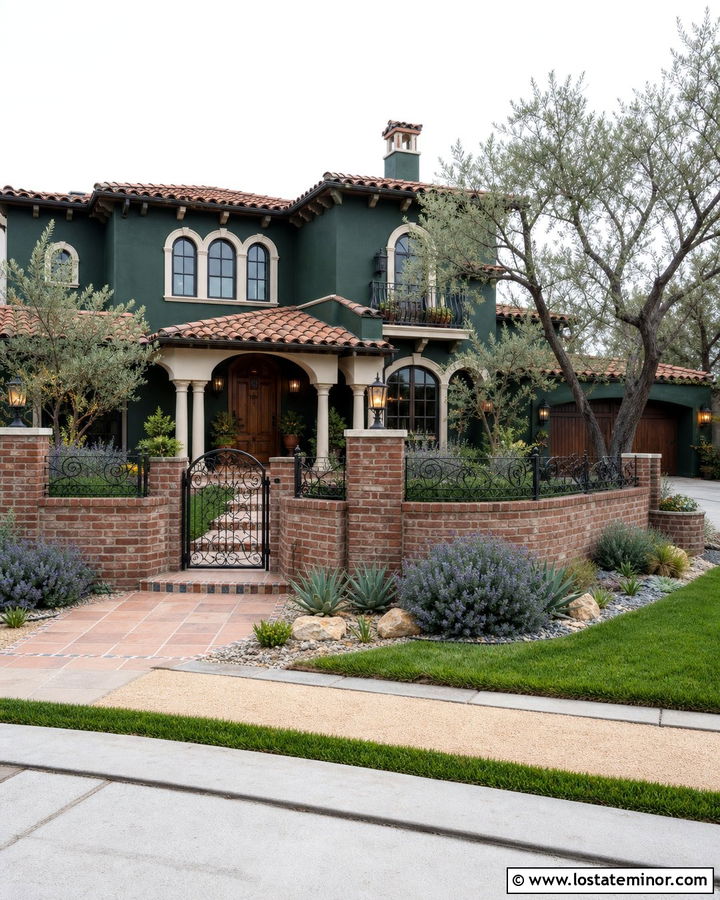 Hunter Green Spanish Revival With Brick And Iron Fence - 30 Hunter Green House Design With Fence Ideas
