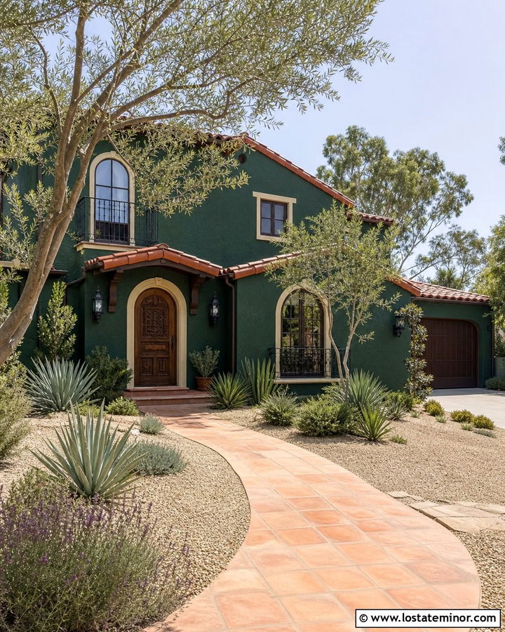 Hunter Green Spanish Revival With Terracotta Awning - 30 Hunter Green House Design With Awning Ideas