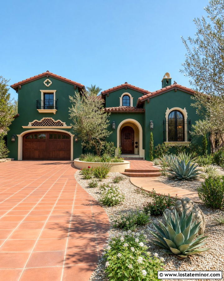 Hunter Green Spanish Revival With Terracotta Driveway - 30 Hunter Green House Design With Driveway Ideas