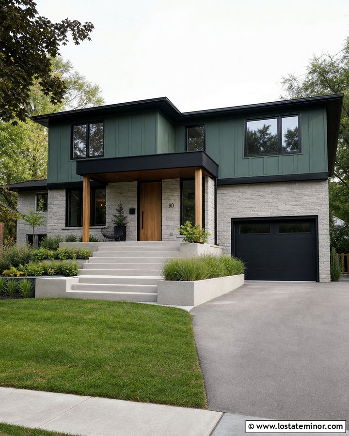 Hunter Green Split Level House With Flat Portico - 30 Hunter Green House Design With Portico Ideas