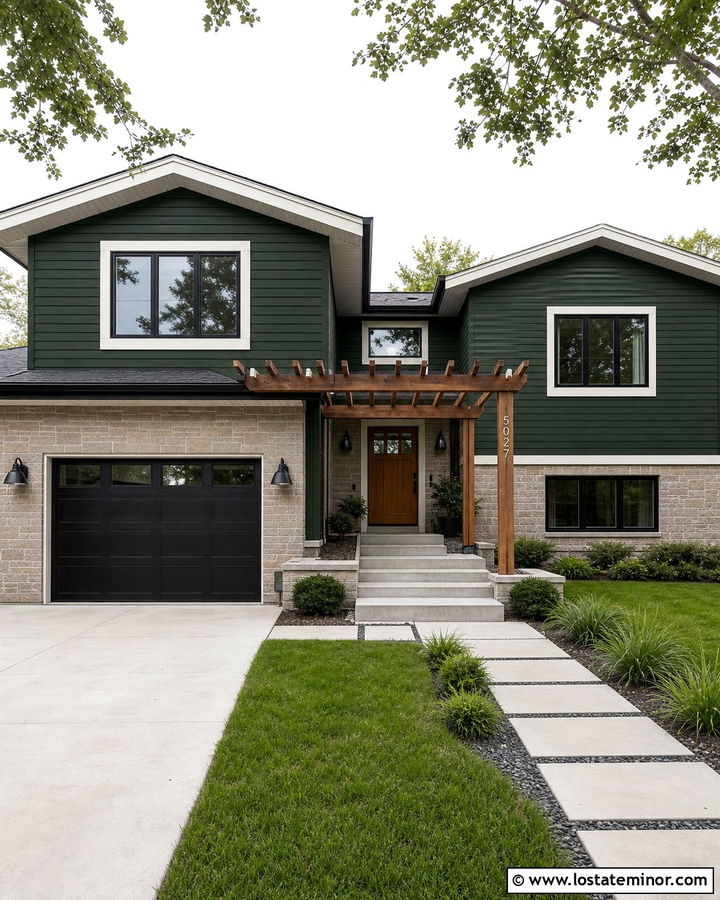 Hunter Green Split Level House With Pergola - 30 Hunter Green House Design With Pergola Ideas