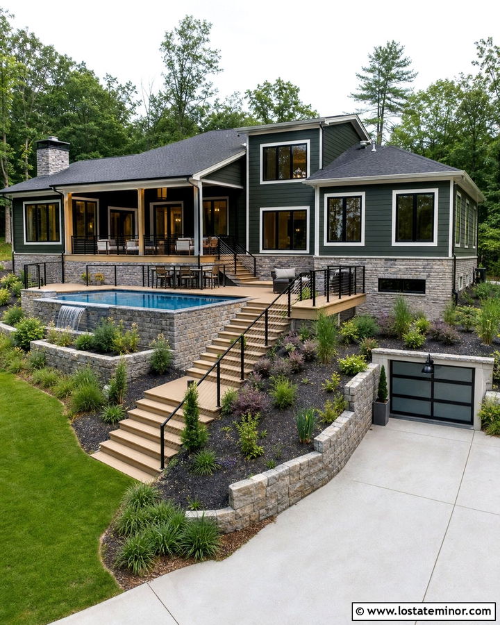 Hunter Green Split Level House With Raised Pool - 30 Hunter Green House Design With Swimming Pool Ideas