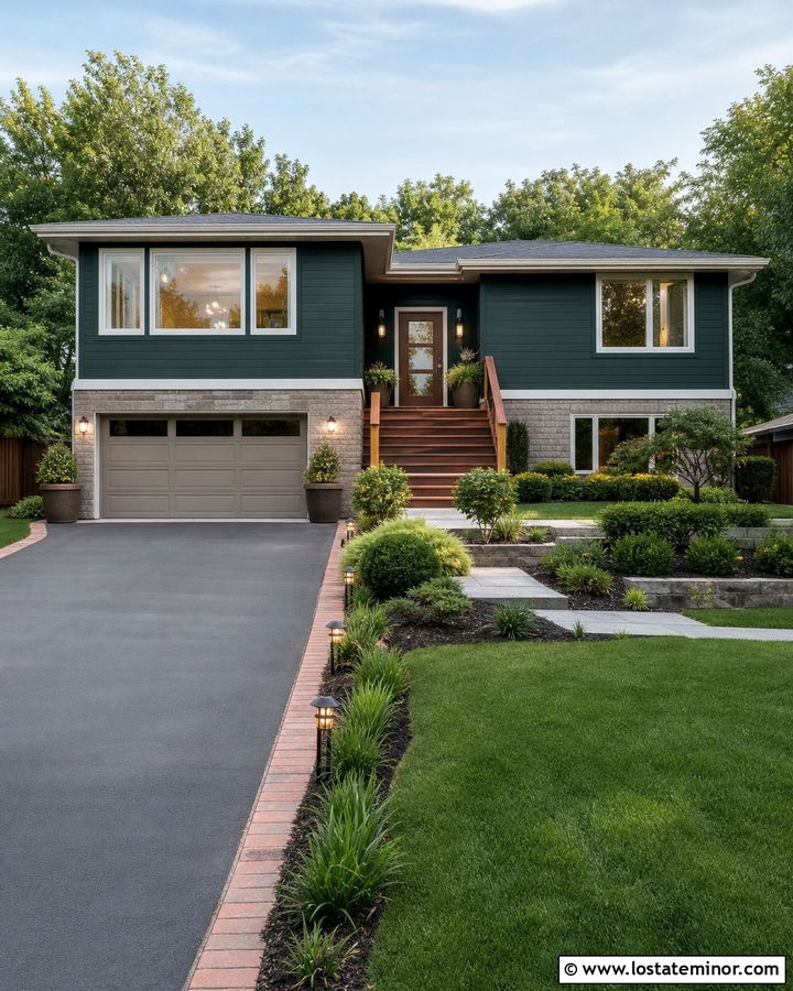 Hunter Green Split Level With Asphalt Driveway - 30 Hunter Green House Design With Driveway Ideas