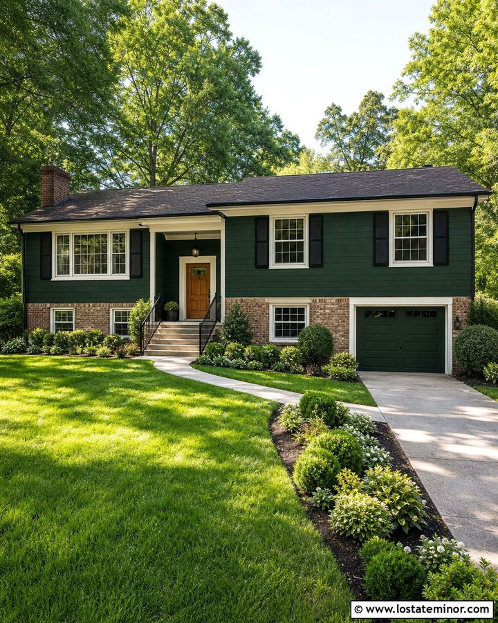 Hunter Green Split Level With Black Shutters - 30 Hunter Green House Design With Shutters Ideas