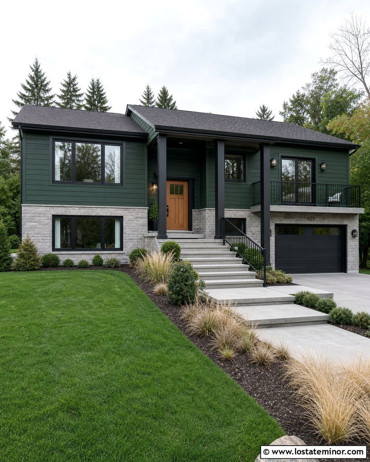 Hunter Green Split Level With Black Square Columns - 30 Hunter Green House Design With Porch Columns Ideas