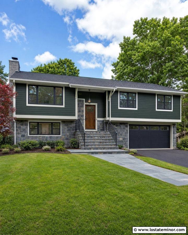 Hunter Green Split Level With Bluestone - 30 Hunter Green House Design With Stone Accents Ideas