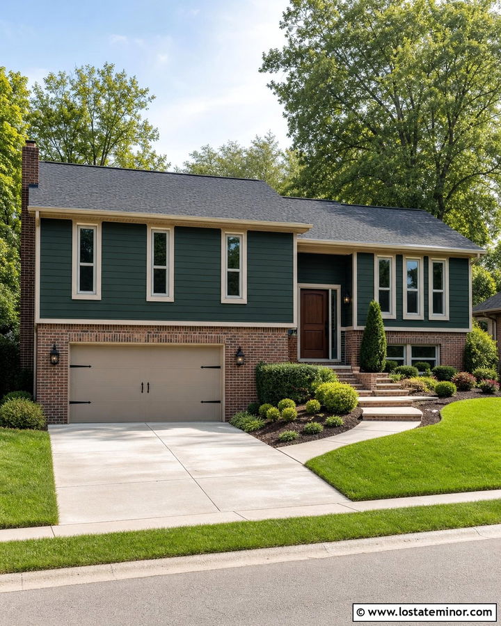 Hunter Green Split Level With Brick - 30 Hunter Green House Design With Brick Accents Ideas