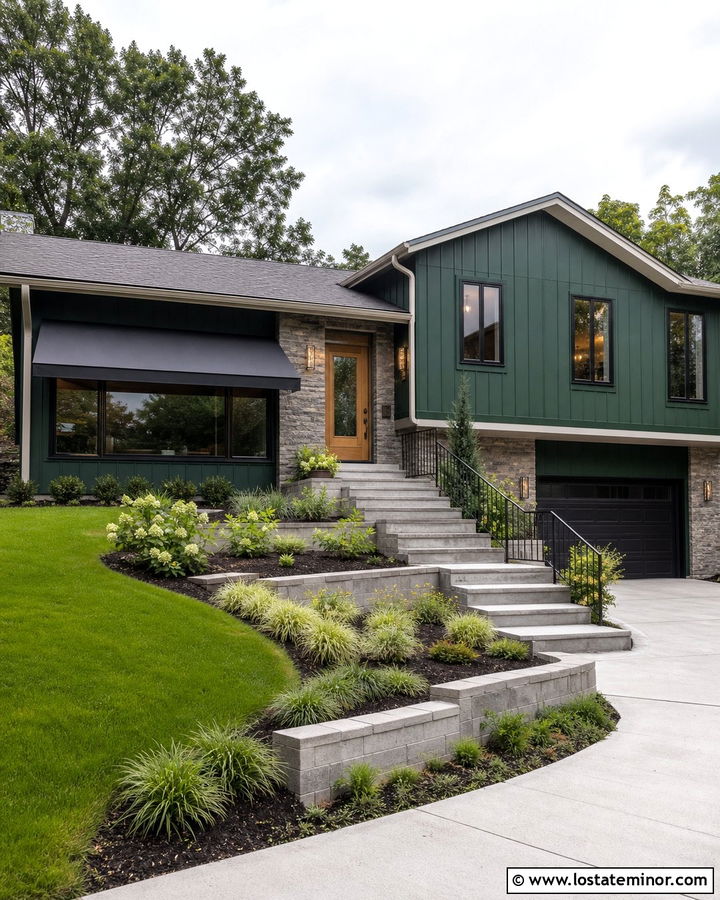 Hunter Green Split Level With Charcoal Awning - 30 Hunter Green House Design With Awning Ideas