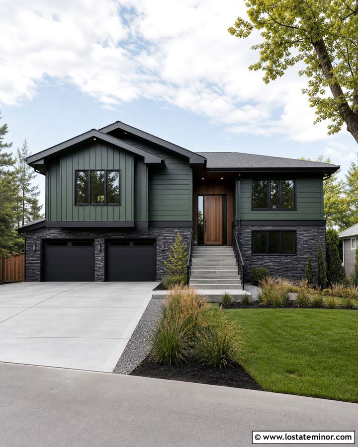 Hunter Green Split Level With Charcoal Stone Wainscoting - 30 Hunter Green House Design With Wainscoting Ideas