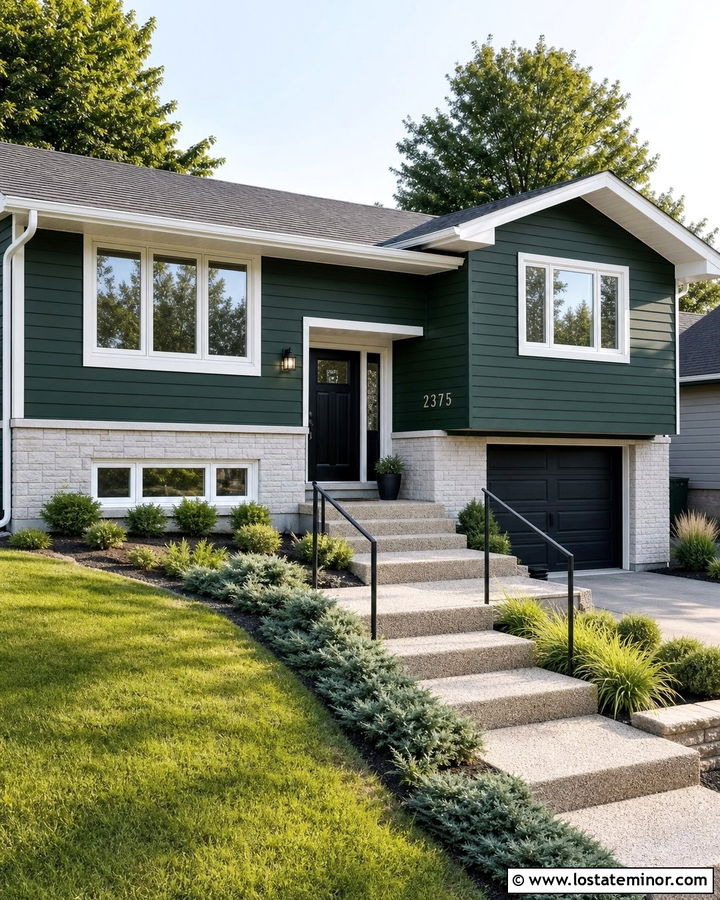 Hunter Green Split Level With Exposed Aggregate Walkway - 30 Hunter Green House Design With Walkway Ideas