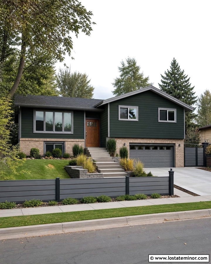 Hunter Green Split Level With Gray Composite Fence - 30 Hunter Green House Design With Fence Ideas