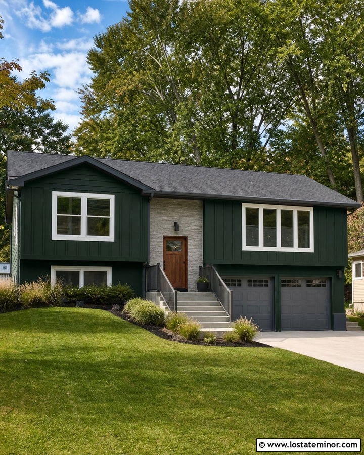 Hunter Green Split Level With Gray Railings - 30 Hunter Green House Design With Railings Ideas