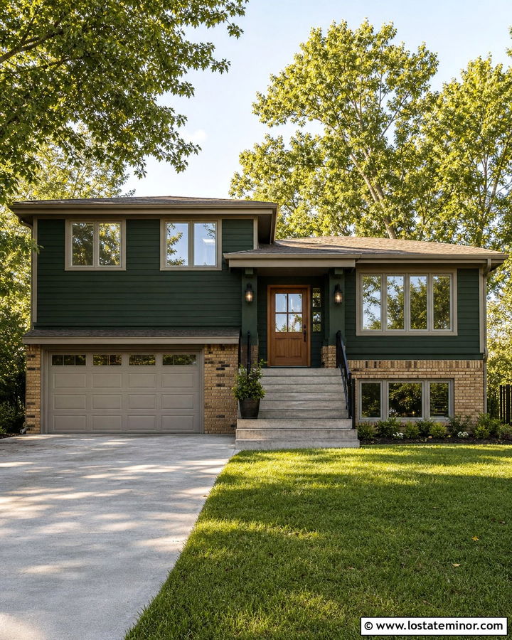 Hunter Green Split Level With Greige Window Frames - 30 Hunter Green House Design With Window Frames Ideas