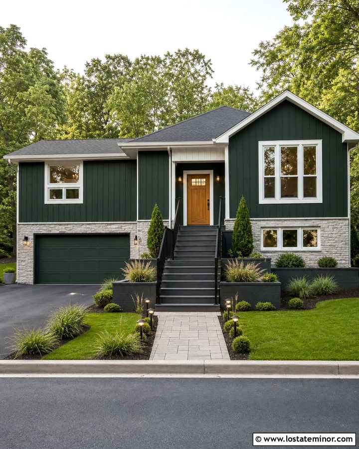 Hunter Green Split Level With Landing Steps - 30 Hunter Green House Design With Steps Ideas