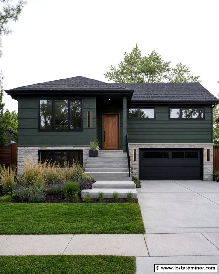 Hunter Green Split Level With Linear LED Sconces - 30 Hunter Green House Design With Light Fixtures Ideas