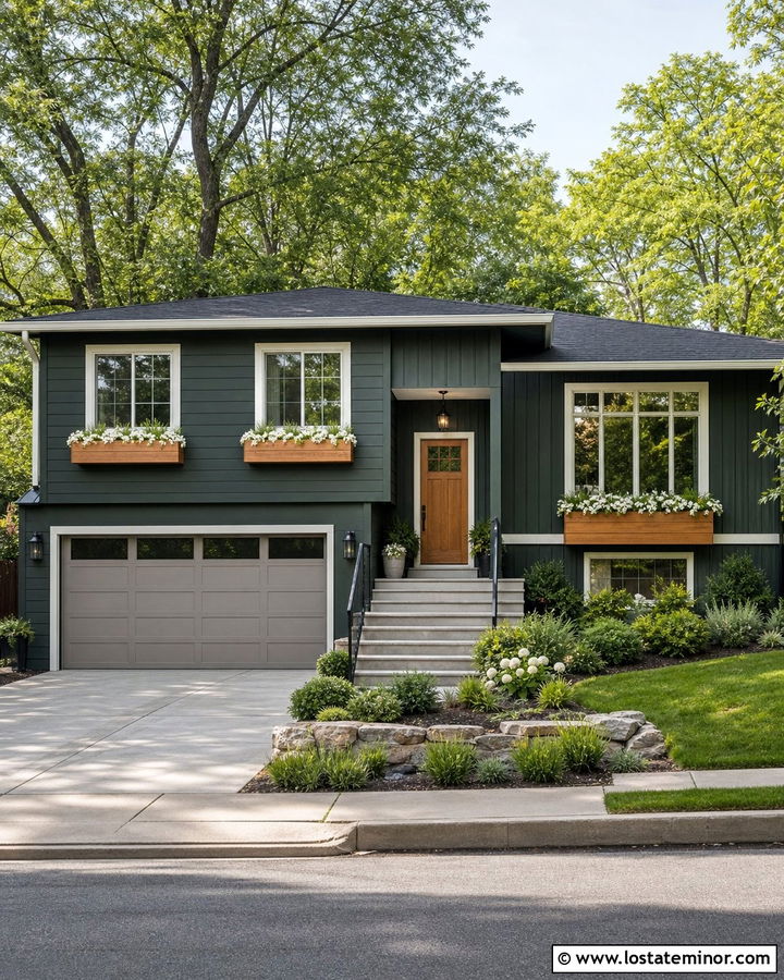 Hunter Green Split Level With Long Window Boxes - 30 Hunter Green House Design With Window Boxes Ideas