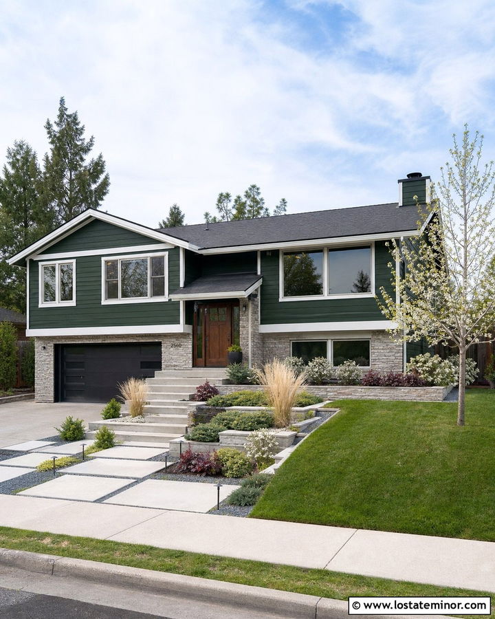 Hunter Green Split Level With Modern Landscaping - 30 Hunter Green House Design With Front Yard Ideas