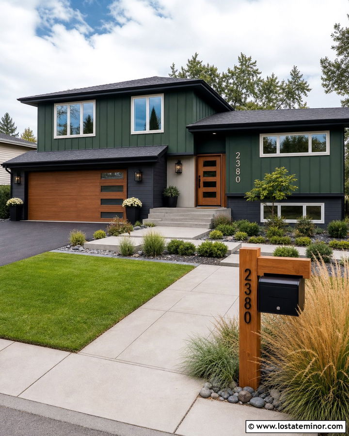 Hunter Green Split Level With Modern Mailbox - 30 Hunter Green House Design With Mailbox Ideas