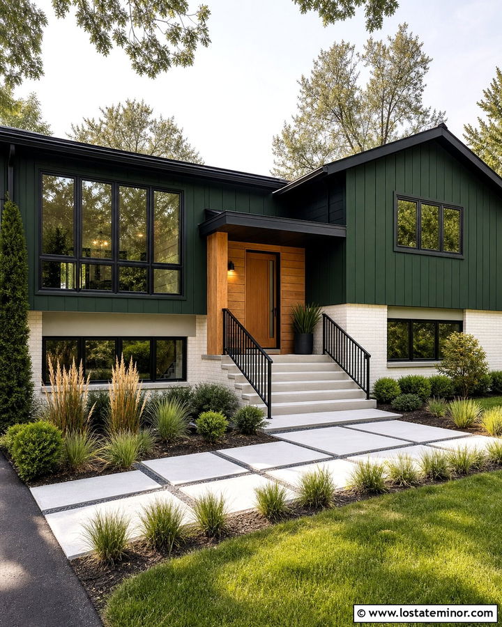 Hunter Green Split Level With Modern Porch - 30 Hunter Green House Design With Front Porch Ideas