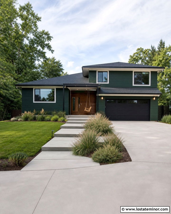 Hunter Green Split Level With Modern Swing - 30 Hunter Green House Design With Swing Ideas