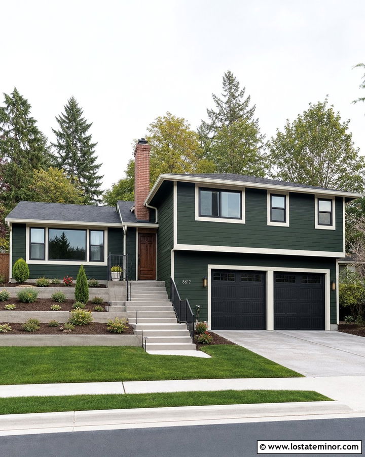 Hunter Green Split Level With Slim Brick Chimney - 30 Hunter Green House Design With Chimney Ideas