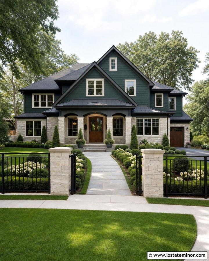 Hunter Green Stone House With Black Aluminum Fence - 30 Hunter Green House Design With Fence Ideas