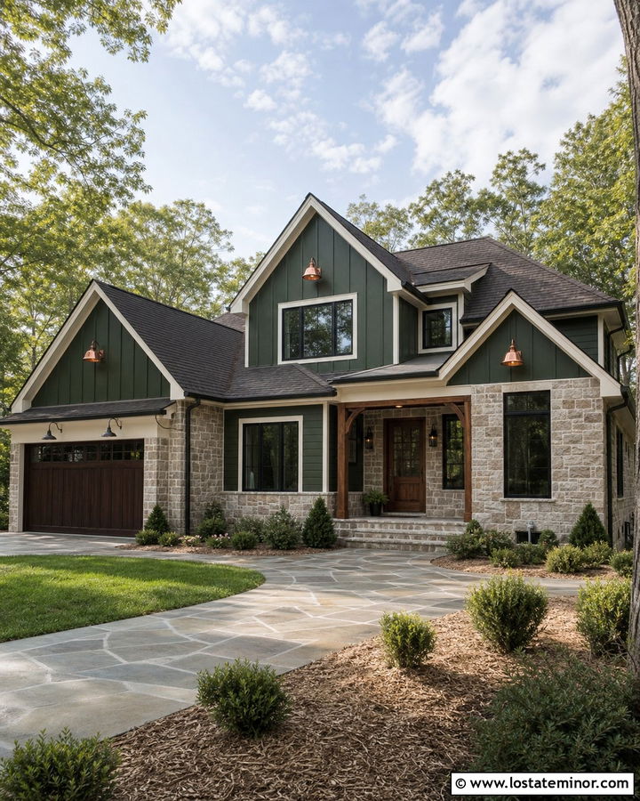 Hunter Green Stone House With Copper Sconces - 30 Hunter Green House Design With Light Fixtures Ideas