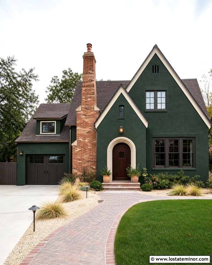 Hunter Green Stucco House With Brick Chimney - 30 Hunter Green House Design With Chimney Ideas