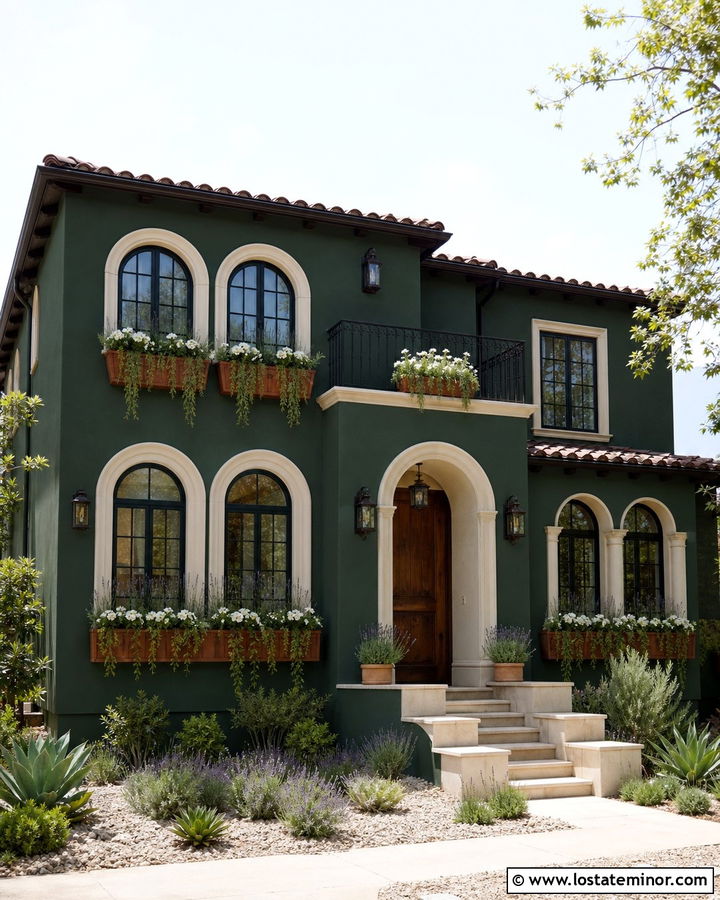 Hunter Green Stucco House With Terracotta Window Boxes - 30 Hunter Green House Design With Window Boxes Ideas