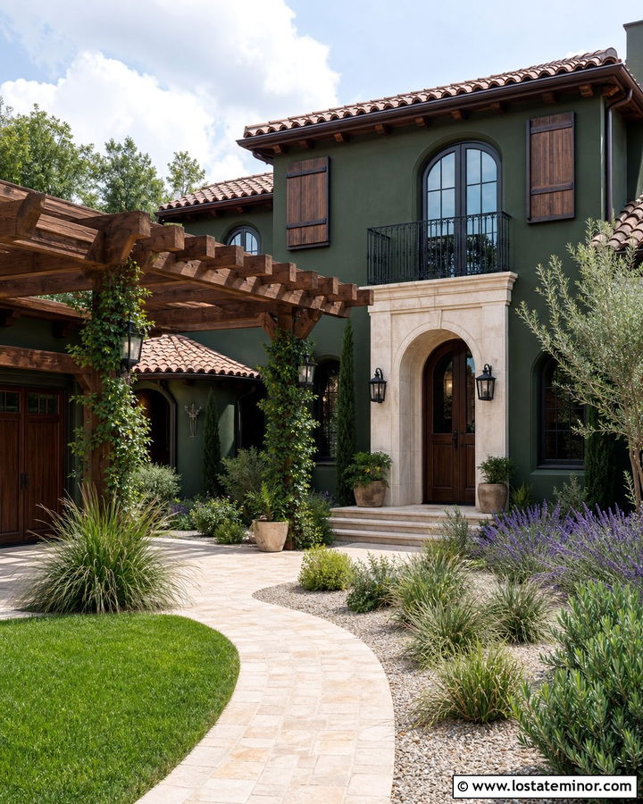 Hunter Green Stucco House With Wood Pergola - 30 Hunter Green House Design With Pergola Ideas