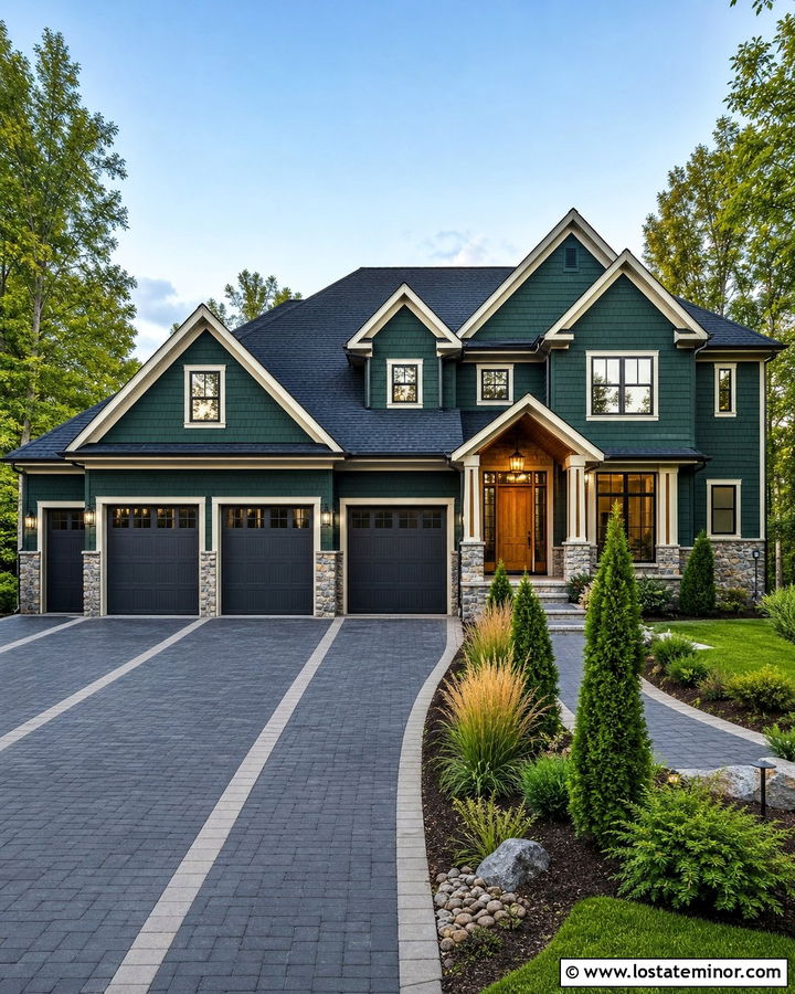 Hunter Green Three Car House With Charcoal Paver Driveway - 30 Hunter Green House Design With Driveway Ideas