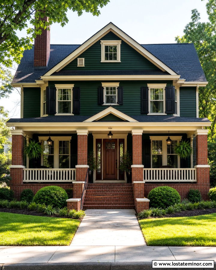 Hunter Green Traditional House With Brick Porch Columns - 30 Hunter Green House Design With Porch Columns Ideas