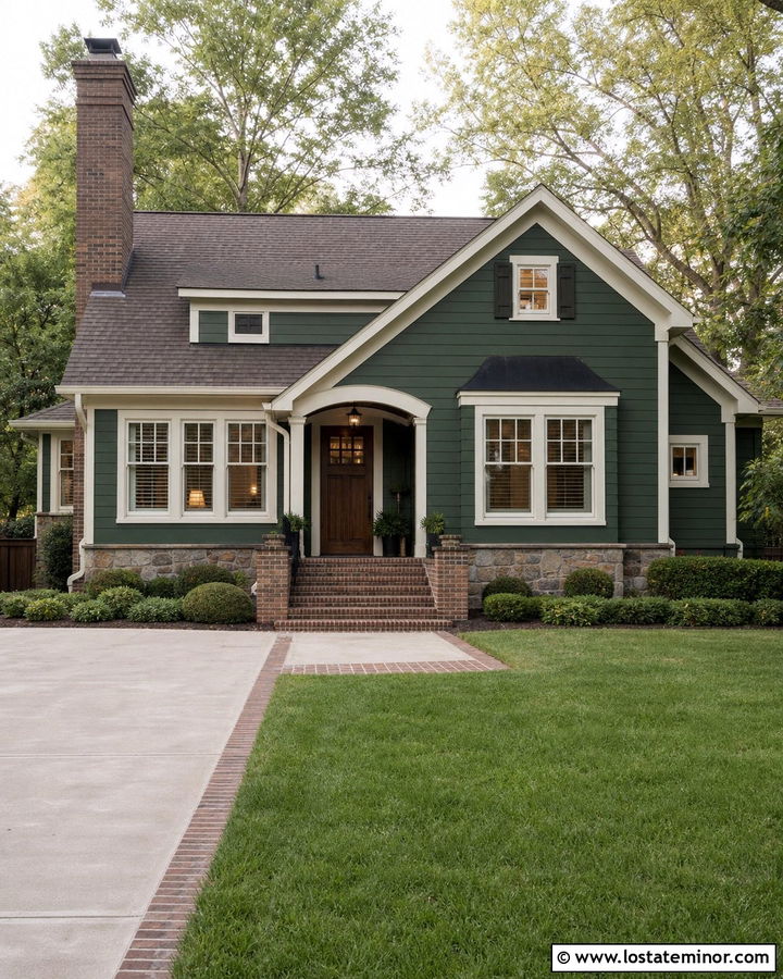 Hunter Green Traditional House With Stone And Brick - 30 Hunter Green House Design With Stone Accents Ideas