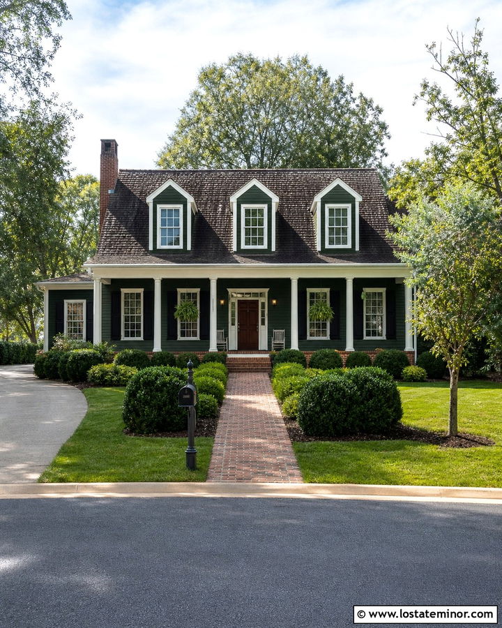 Hunter Green Traditional House With White Window Frames And Brick - 30 Hunter Green House Design With Window Frames Ideas