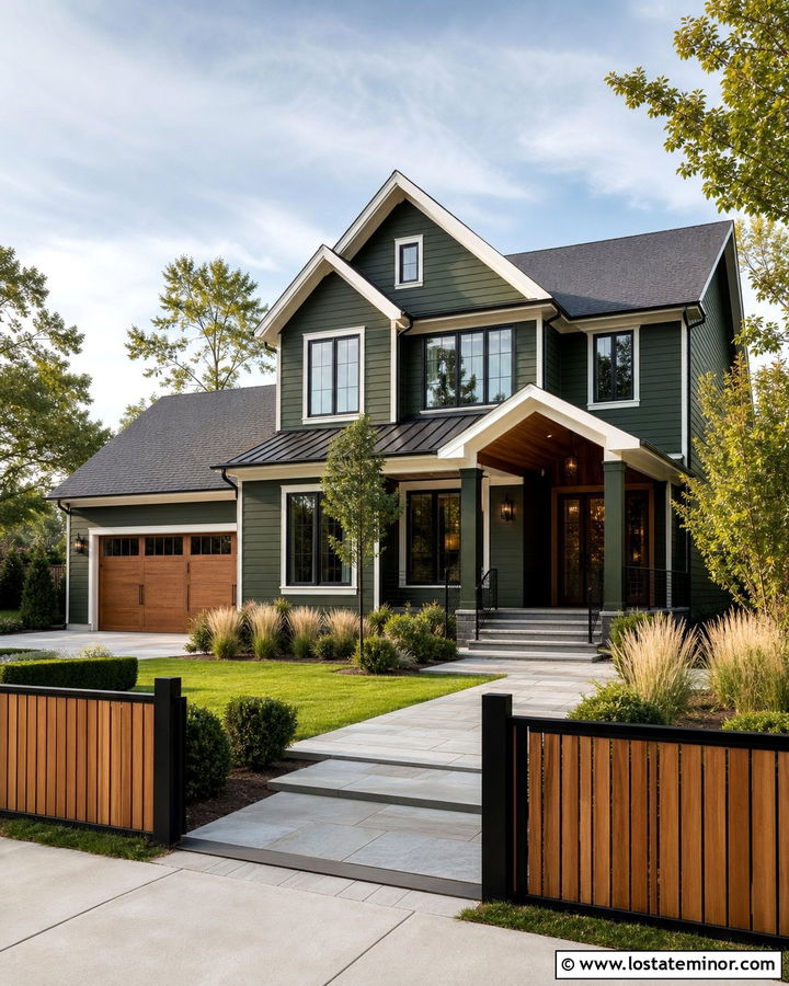 Hunter Green Transitional House With Cedar And Metal Fence - 30 Hunter Green House Design With Fence Ideas
